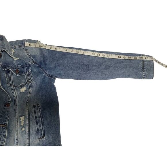 See Thru Soul Distressed Blue Jean Denim Boyfriend Jacket Women Size Medium - Picture 8 of 16